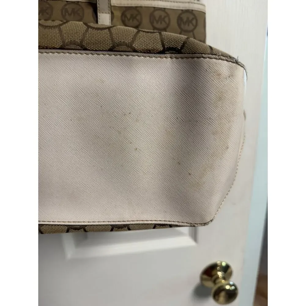 MICHAEL KORS SIGNATURE SHOULDER TOTE GOLDEN ZIPPED WHITE LEATHER TRIM 17x11